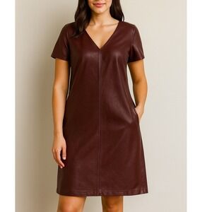 Calvin Klein Womens Burgundy Faux Leather Panel Dress M V Neck Short Sleeve Work